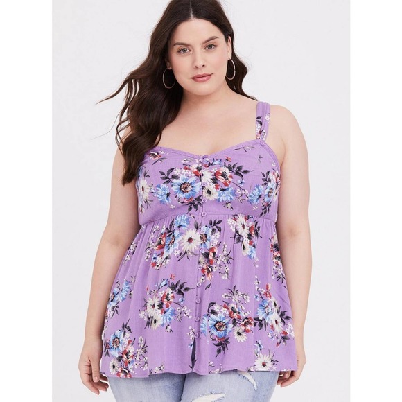 torrid Tops - Torrid Babydoll Crepe Floral Button Front Tank Top Purple Plus Size 4 4X H14638